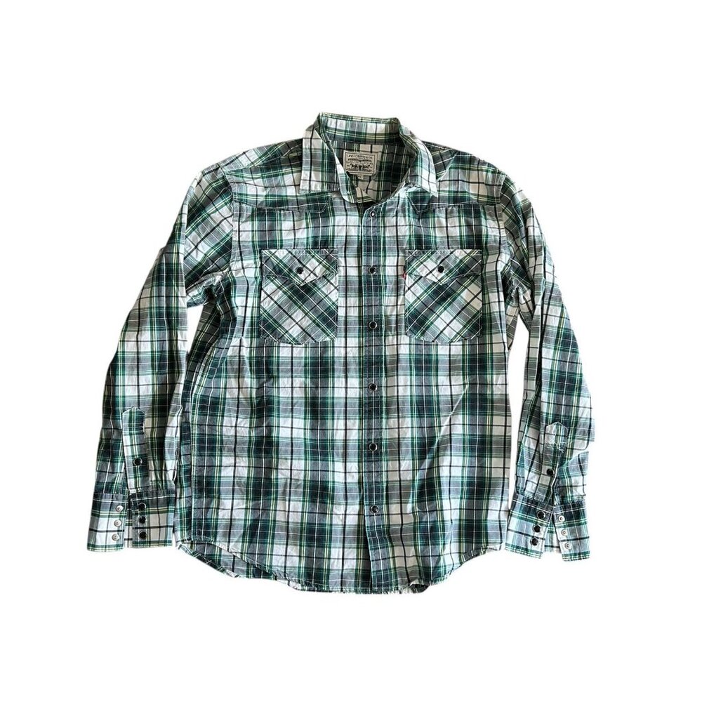 Levis‎ Men's Cowboy Button Up Green Plaid Pearl Snaps Western Sz XL